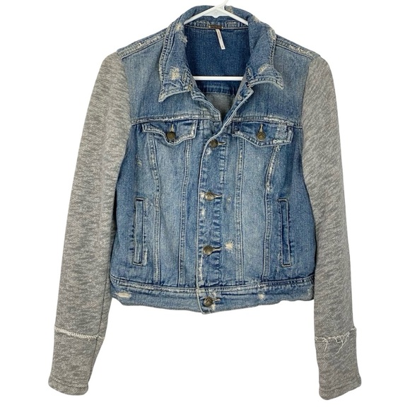 Free People Jean Jacket Womens Size Small Distressed Cropped Blue Gray Knit Slv - Picture 1 of 11
